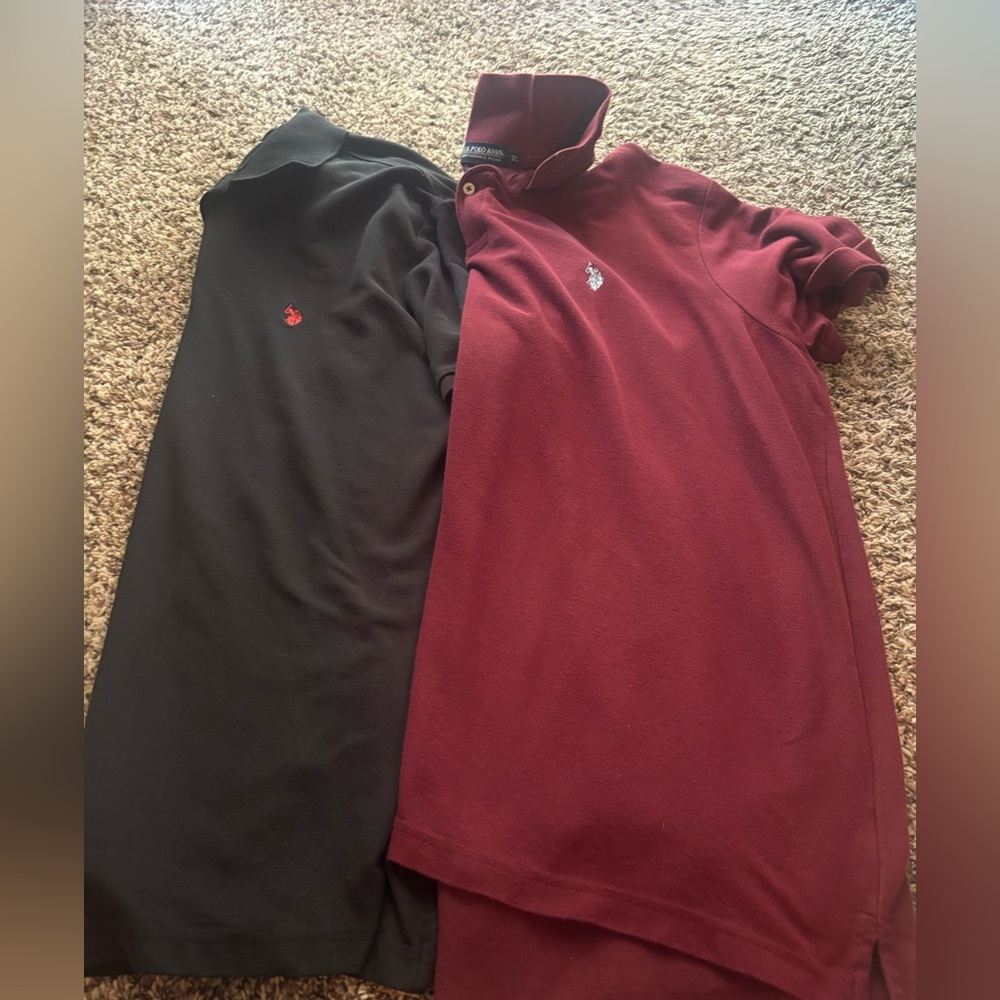 2 polos Black and Burgundy Shirts maroon has a little stain see images